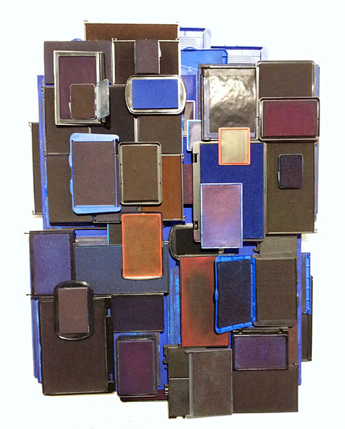 Lynn Aldrich, "Out of Ink, In the Dark," 2012, ink, inkpads, ink cartridges, blotting paper, carbon paper on wood panel, 27 x 20 x 4"