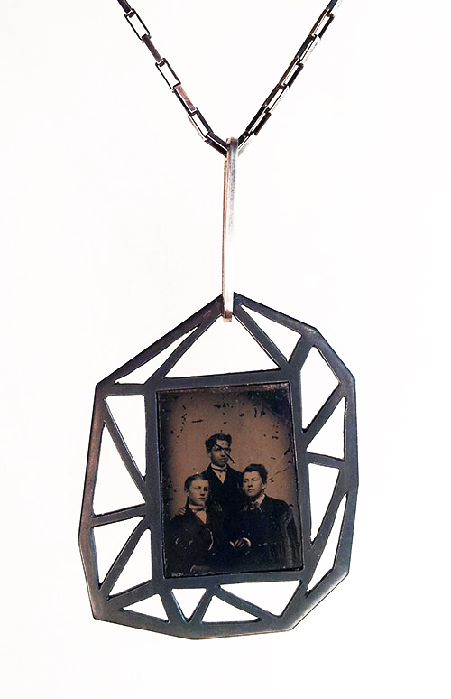 Naomi Muirhead, "Family Triangle," sterling silver (oxidized) and mini Daguerreotype