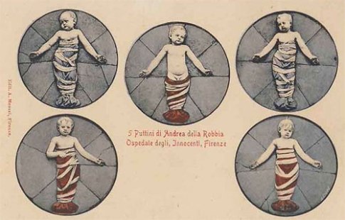 5 putti designs by Andrea della Robbia for medallion decoration at the Ospedale delgi Innocenti, Florence