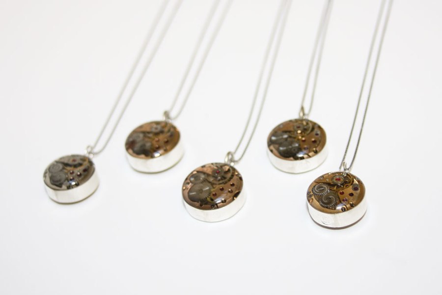Watch face/movement necklaces (double-sided) in sterling silver and resin